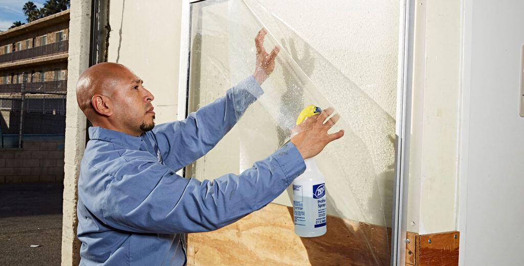 Expert installing Safety Film for Impact Hazard Glazing or Sliding Door Safety Glazing