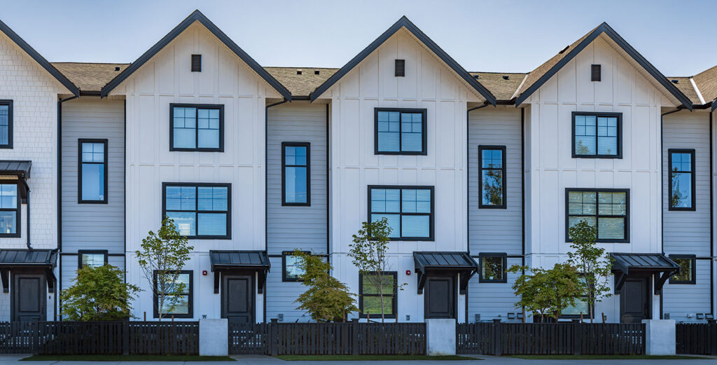 Exterior view of a retrofitted apartment building, Retrofitting