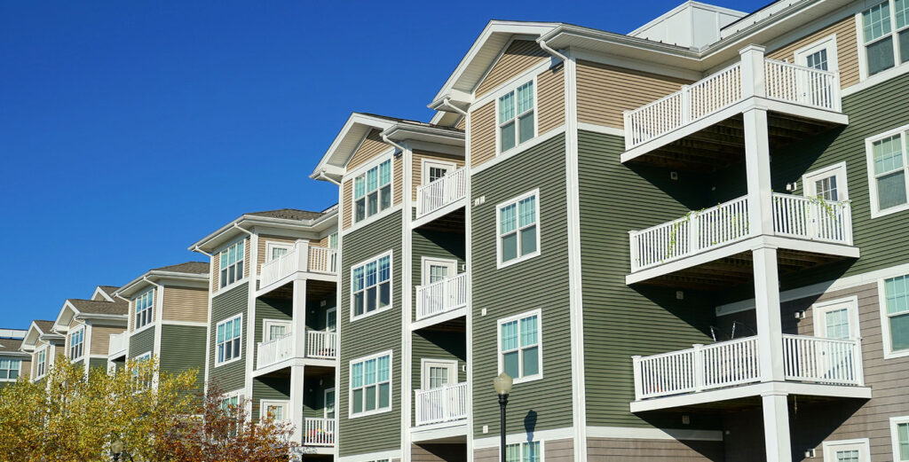 Upload, Exterior view of a retrofitted apartment building, Upload